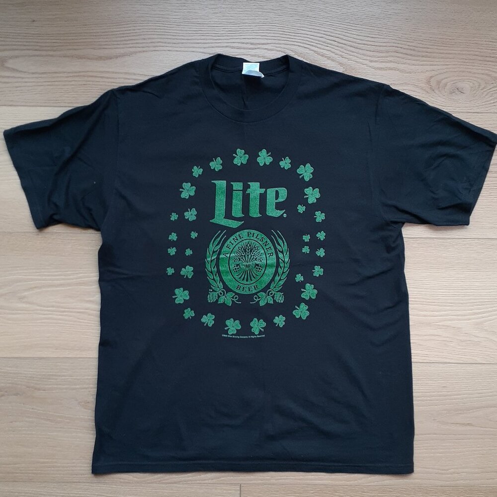 Lite A Fine Pilsner Beer - Green Shamrocks - New Large Black T-Shirt